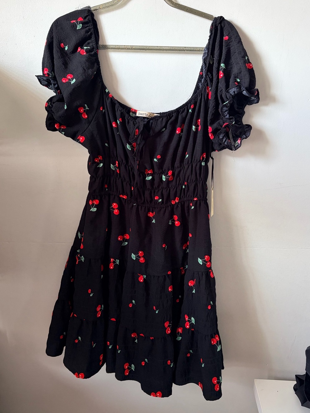 Liberty Love Cherry Print Smocked Milkmaid Dress - Size L